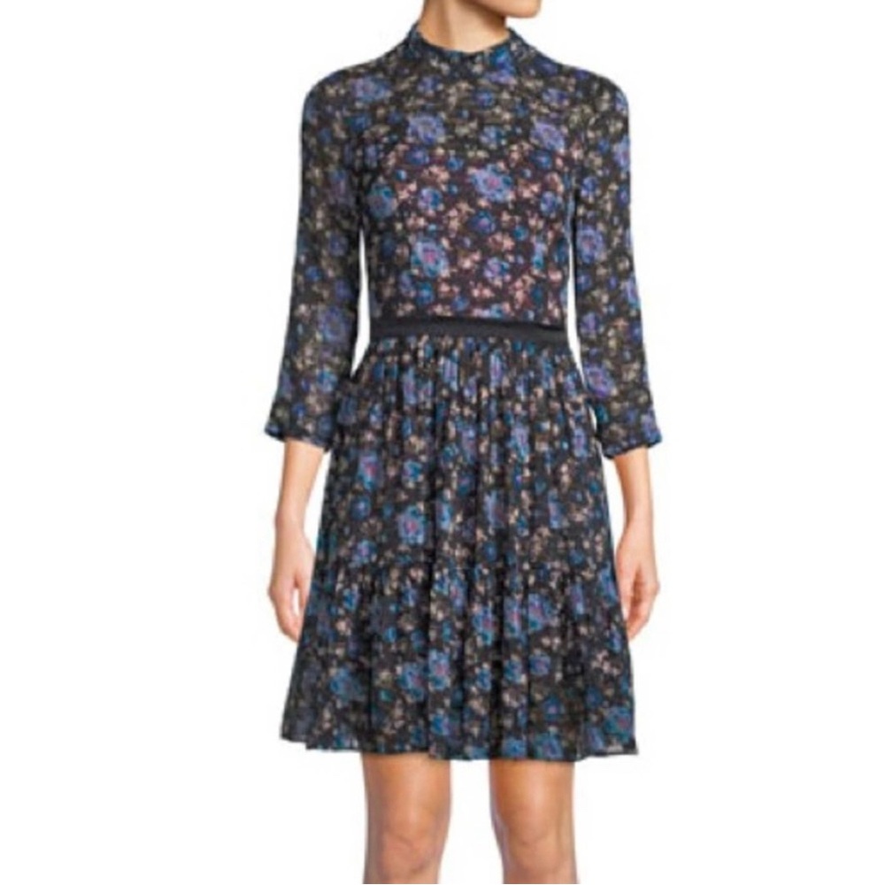 REBECCA TAYLOR Floral Bracelet Length Sleeve Dress in Navy Black w built-in belt